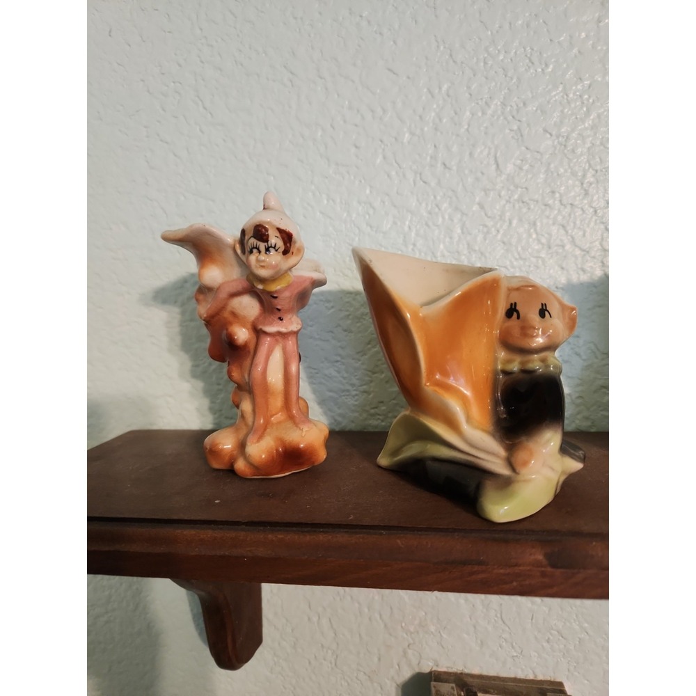 Vtg Fairy Pixie Elf Sprite Vase Set 2 Kitschy Pink Elf Leprechaun Elf Set 2